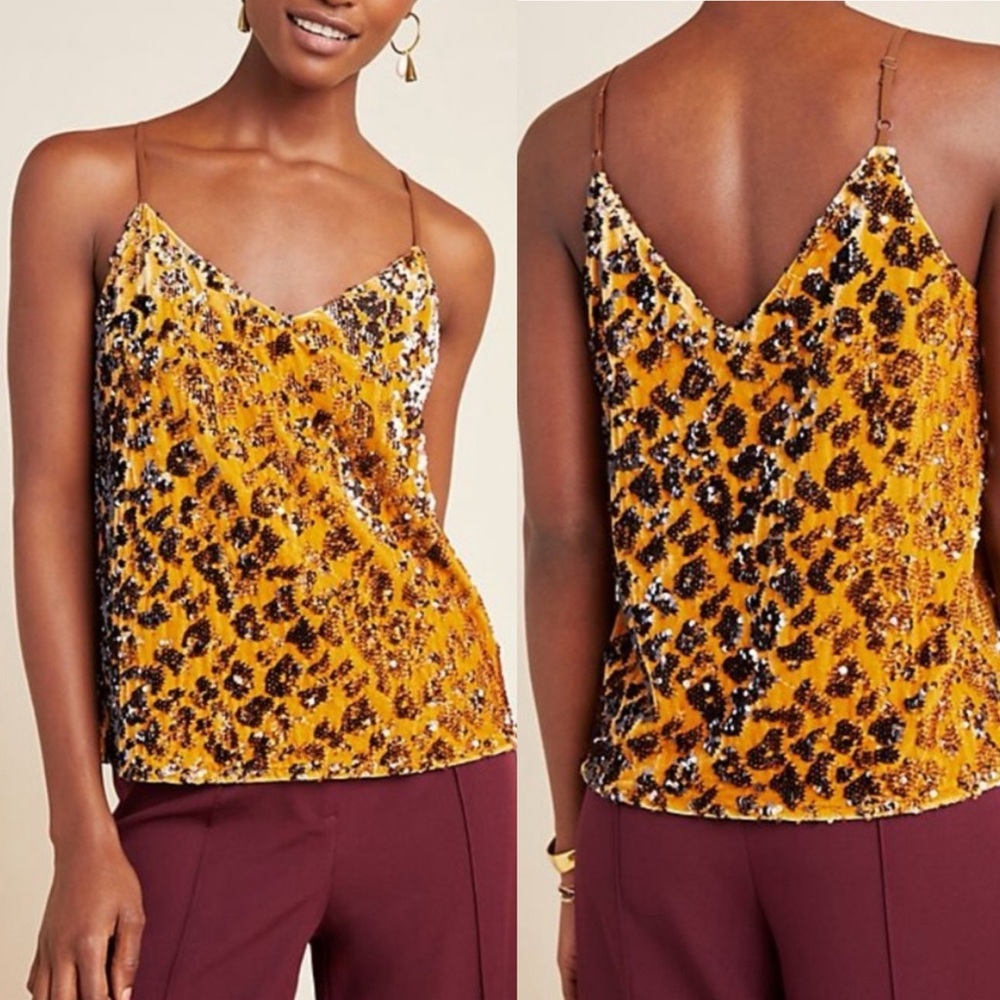 Anthropology Ro & De Gold Velvet Leopard Sequin Cami Tank